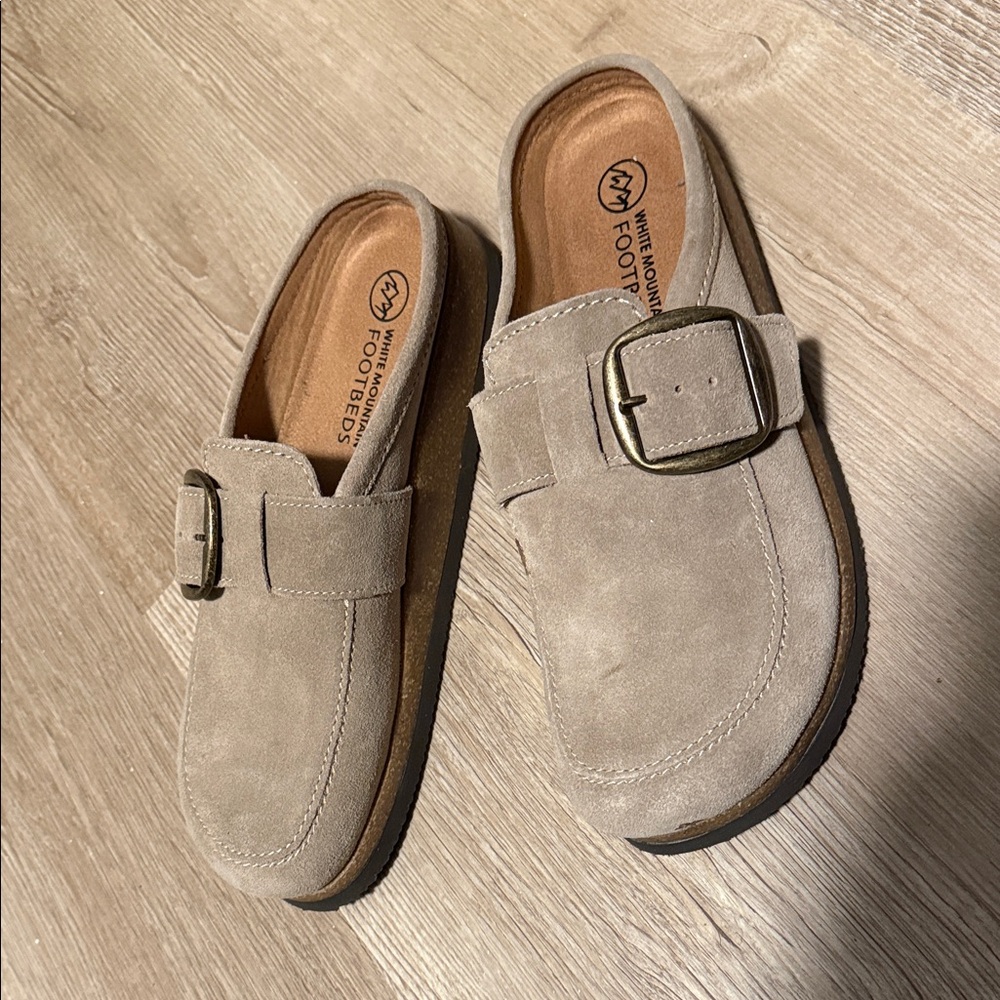 White Mountain Taupe Suede Buckle Clog Mules